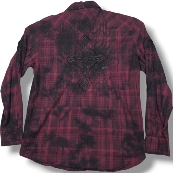 Affliction Shirt Men's XL Maroon Plaid Cross Wings Embroidery Button Up MMA Y2K - Picture 2 of 11